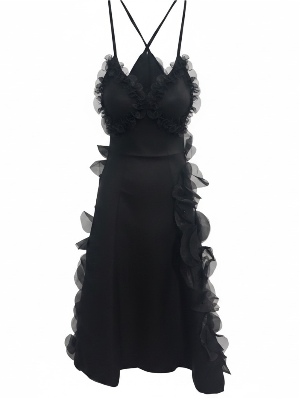 Elegant Black Ruffle-Trim Midi Dress with Cross Back Straps